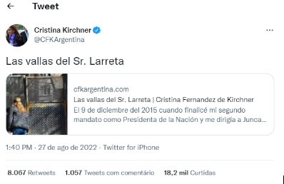 Print de publicação no Twitter da vice-presidente